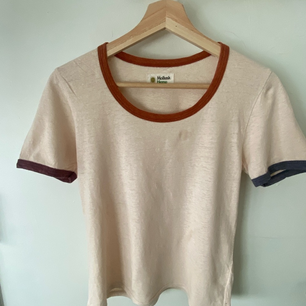 Mollusk Hemp Cream Short Sleeve Ringer Tee with Multicolor Trim
